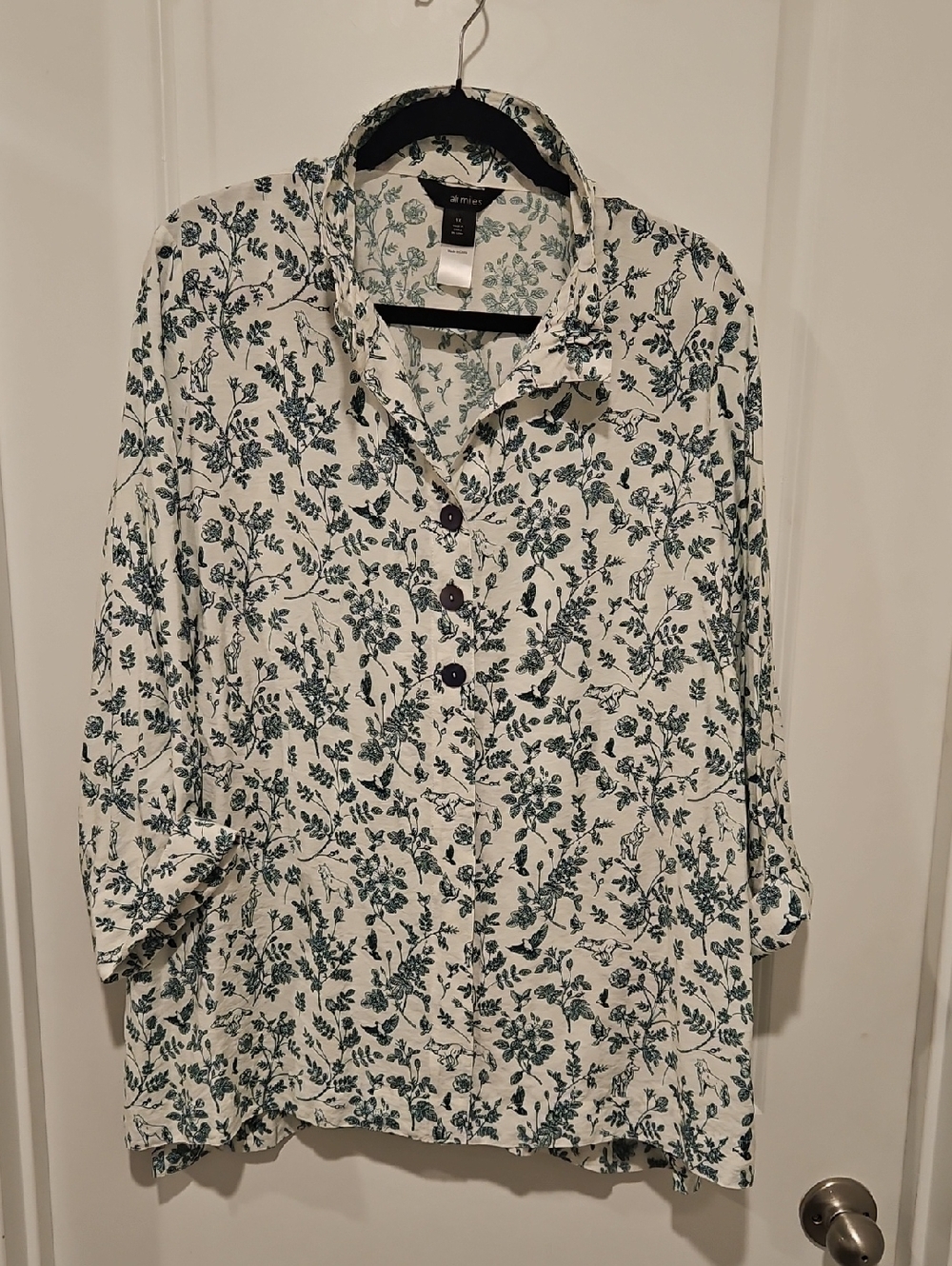 Ali Miles Forest Wolf And Bird Print Button-Cream Dark Green Size 1x